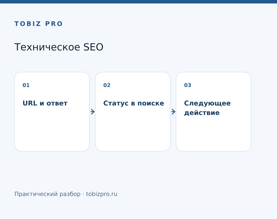 URL и ответ. Статус в поиске. Следующее действие - TOBIZ PRO