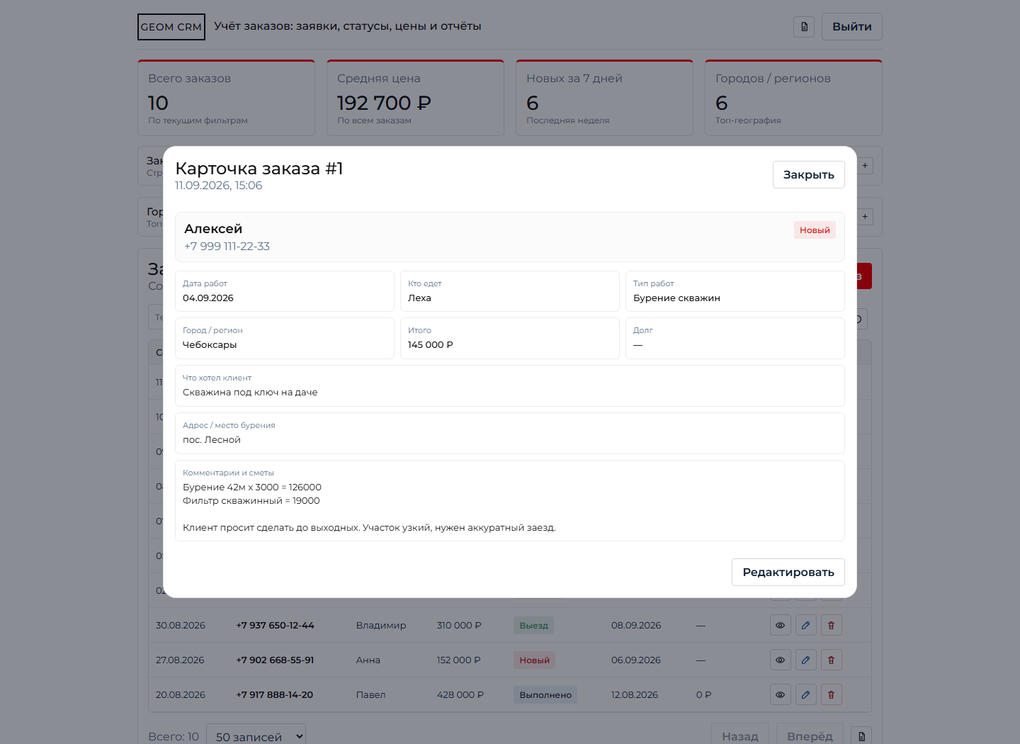 Карточка заказа в CRM буровой компании