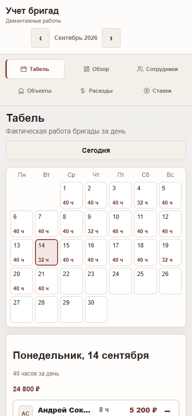 Мобильный табель демонтажной бригады